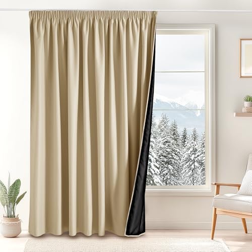 PONY DANCE Verdunkelungsvorhang für Schiene Thermovorhang gegen Kälte | 1er Set H245 x B300 cm, Biscotti Beige, 100% Blickdicht, Extra Breite, mit Kräuselband, Vorhänge Wohnzimmer, UV-Schutz