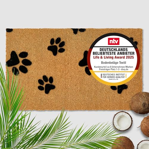 Kokosfußmatte aussen & innen - Türmatte Pfotenabdrücke 50x80cm (Rechteckig) | Fussmatte rutschfest Innenbereich & überdachter Außenbereich Kokosmatte wetterfest Fußmatte Kokosfaser natur strapazierfähig