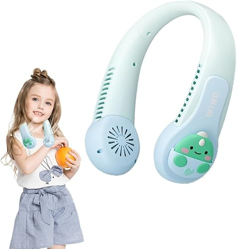 GINGER TECH Portable Neck Fan for Kids, 1800mAh Cartoon Bladeless Neck Fan for Girls, 3 Speed Adjustable, USB Rechargeable Wearable Neck Cooler for Kids Girls Students Outdoor Indoor (Blue)