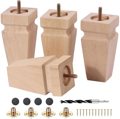 6 Inch Unfinished Oak Sofa Legs - Heavy Duty Mid Century Solid Wood Replacement Furniture Legs Set of 4 for Couch, Table, Bench, Bed, Dresser, Chair - with Installation Hardware (Natural)