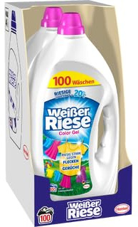 Weißer Riese Color Gel (2x100 Waschladungen), riesig ergiebiges Color Waschmittel mit riesiger Waschkraft ab 20 °C sorgt für strahlend saubere Wäsche, 100% recycelbar