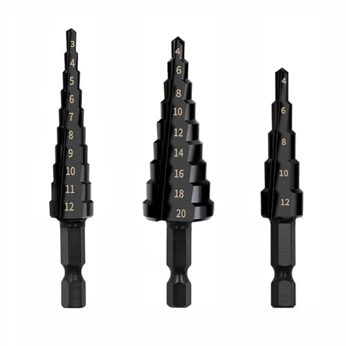 KEWAYO 3PC Step Drill Bit Set HSS 1/4 Hex Shank Cone Cutter for Metal Wood | High Speed Steel, Two-Flute 118° Split Point, Quick Change for Drills & Impact Drivers, for Aluminum, PVC Board, Insulation