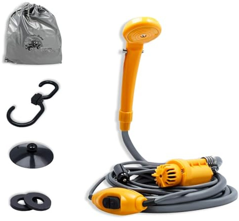 UISEBRT Tragbare Campingdusche mit Pumpe,Elektrische Dusche Camping DC 12V mit 5m Kabel, Mobile Dusche mit 2m Schlauch Tauchpumpe und 5L Aufbewahrungstasche für Auto Outdoor Wohnwagen Autodusche
