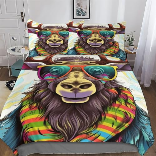 LLLBBB Elch Bettwäsche 3teilig Bettbezüge Bettgarnitur Microfaser Für Jungen Mädchen Komfort Bettbezug Mit Kopfkissenbezug Double (200x200cm)