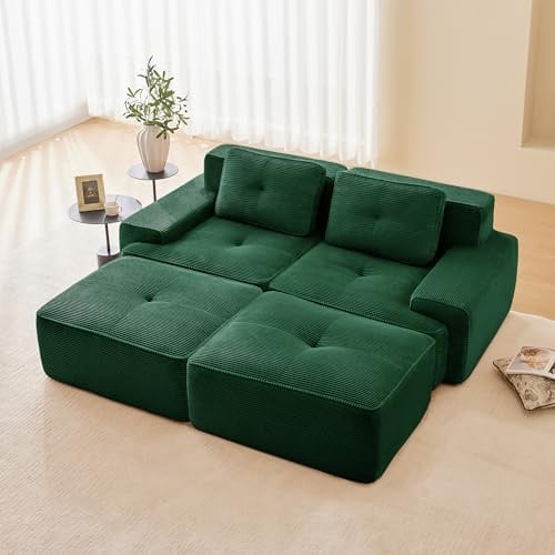 Dolamaní Boneless Modular Couch 2-Sitzer-Sofa + 2 Hockern Cord, montagefrei, Tiefem Sitz, modernes Ecksofa Eckcouch für Wohnzimmer/Schlafzimmer/Büro/Wohnung (Grün)
