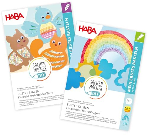 HABA Sachenmacher Bastelsets Fensterbilder im Doppelpack: Erstes Basteln für Kinder ab 3 Jahren, Malen & Kleben (Tiere & Regenbogen), Komplettset für Jungen & Mädchen - 2013250