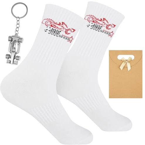 Leikedun Cadeau d'anniversaire pour les fans de voitures de course F1, chaussettes avec broderie de voiture de course F1 avec porte-clés, cadeau pour les amateurs de Formule 1