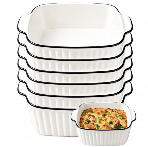 Ceramic Casserole Dish with Handles, 6 Pack 5.75 Inch Baking Dishes | Individual Pie Dishes for Oven Microwave Air Fryer | Dishwasher Safe | Porcelain Oven Dish | for Souffle Lasagna Pudding Dip
