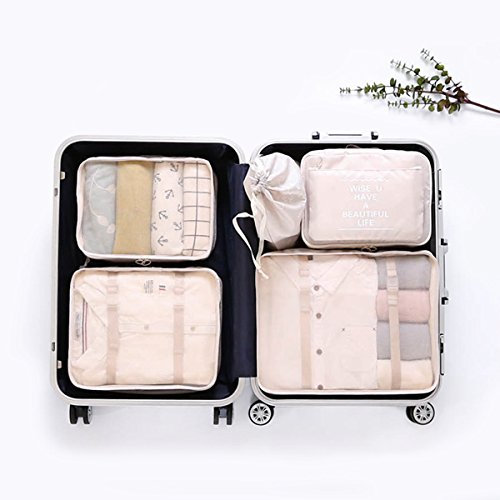 langugu Kompression Travel Gepäck Organisatoren 6 Set, Mesh Kleidung Taschen Gepäck Verpackung Cubes mit BH Unterwäsche Tasche für Handgepäck, Koffer und Rucksackreisen Zubehör, Polyester, beige, M