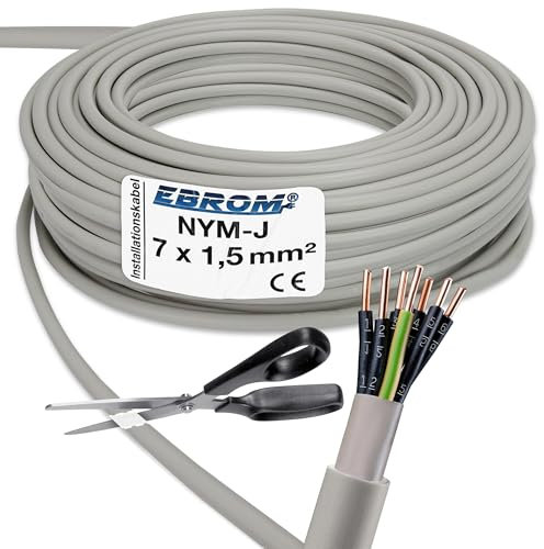Câble gainé NYM-J 7 x 1,5 mm² (mm²) - Câble d'installation - Gris - Choix par incréments de 1 mètre - Exemple : 5 m - 10 m - 15 m - 18 m - 20 m - 25 m - 50 m etc.