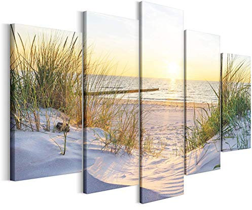 Revolio Leinwandbild Wandbilder Wohnzimmer Modern Kunstdruck Wanddekoration Deko Mehrteilige Leinwand Bilder 5 Teilig TYP A, 200 x 100 cm - Strand Gras Meer Beige Grün