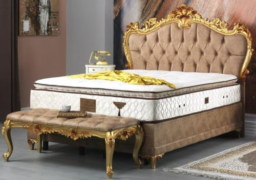 Casa Padrino Barock Doppelbett Braun/Gold - Prunkvolles Samt Bett mit Matratze - Schlafzimmer Set im Barockstil - Schlafzimmermöbel
