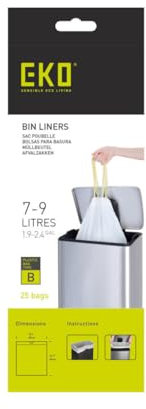 EKO Size B Bin Liners For Kitchen Bins - Extra Strong Bags with Drawstring Tie Handles - 7 - 9 Litre Capacity - 25 Bags, White