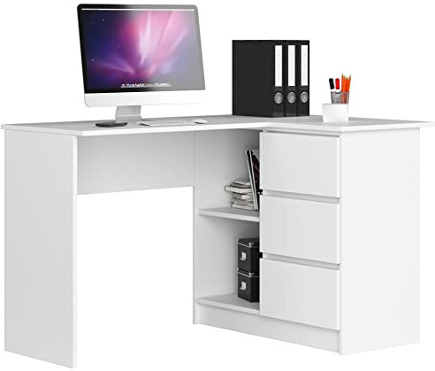 Megaastore Akord Eckschreibtisch mit Regal und 3 Schubladen| Schreibtisch | ecktisch | Eck Schreibtisch für Home Office | Einfache Montage | Weiss Rechts Weiß