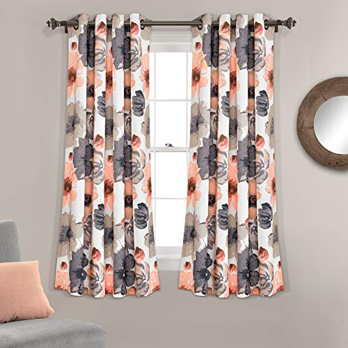 Lush Decor Leah Light Filtering Window Curtain Panels, Pair, 52 W x 63 L, Coral & Gray - Floral Drapes for Bedroom - Coral Curtains - Farmhouse Decor