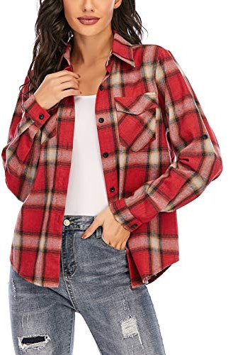 Enjoyoself Chemisier Carreaux Femme 100% Coton Chemise Bucheron Western Décontractée Classique Retro Ecossaise Coton Flanelle Blouse Gilet T Shirt Casual Vintage,Rouge 4,L