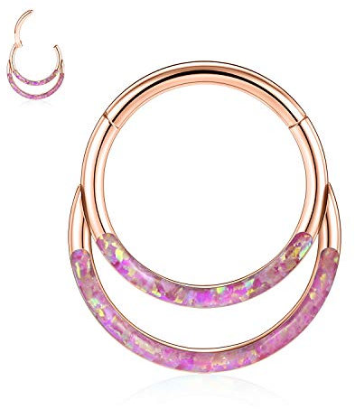 Septum Piercing Jewellery 16G Purple Opal 8mm 316L Surgical Steel Segment Clicker Daith Ring Helix Cartilage Tragus Earrings Hoop Hinged Nose Ring Rose Gold Piercing Jewellery for Women Gilrs