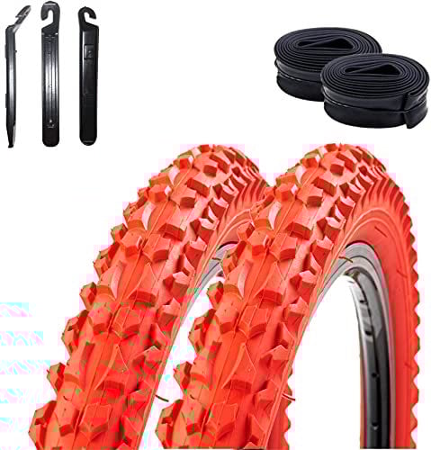 2 x Roverstone 26 Fahrradreifen Fahrradmantel rot 57-559 (26x2,125) + 2 Schläuche AV inkl. 3 Reifenheber