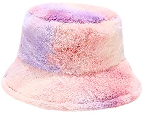Malaxlx Damen Tie Dye Rosa Lila Plüsch Fischerhut Wintermütze Flauschige Bucket Hat Warme Anglerhut