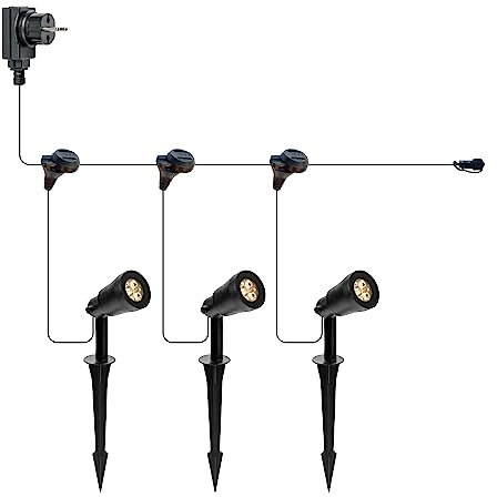Xelloo Gartenleuchte Set CAS MEDIUM, 12 Volt, 3 Stück Designarmaturen 2W LED warmweiß mit Erdspieß, wasserdicht (IP65) und mit praktischem Schiebeanschluss