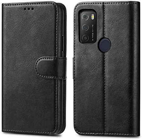GAPlus Funda tipo cartera de piel sintética con tapa para Alcatel 1S/3L 2021, soporte magnético, color negro