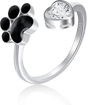 Qings Verstellbare Ring Hundepfote für Damen: 925 Sterling Silber Haustier Pfote und Herz Ringe Katzenpfoten Offener Rings Herzförmig Zirkonring Pfotenabdruck Süße Tier Schmuck für Frauen Mädchen