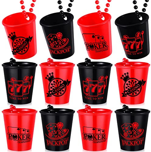 Kingdder 12 Pcs Casino Shot Glass Necklace on Beaded Plastic Shot Necklace Cup Red Black Shot Glasses Casino Themed Party Favors for Casino Theme Party Supplies, 4 Styles