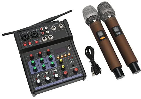 Petite Table de Mixage Stéréo à 4 Canaux, Table de Mixage, Table de Mixage Stéréo avec 2 Microphones sans Fil, Processeur Stéréo Familial pour la Diffusion en