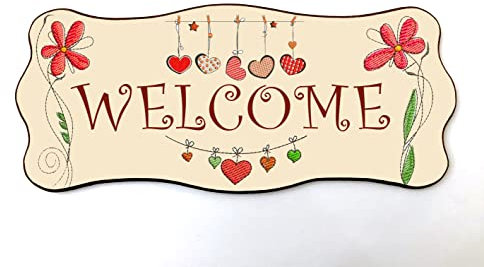 Domus Artis Targa per porta in legno stile shabby chic con scritta welcome, per decorare le porte interne di casa. La targhetta misura cm 9x21 spessore 7 millimetri, con biadesivo