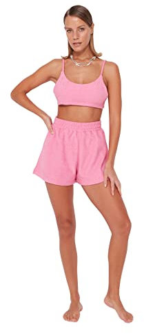 Trendyol Set di Due Pezzi di Camicetta-Pantaloncini da Donna in Maglia Tinta Unita Camicia, Fucsia, S