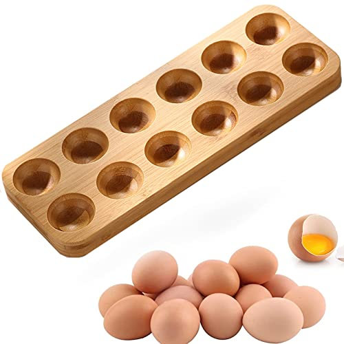 Bamboo Egg Tray,Egg Storage Box Wood Color Reusable Egg Rack,Egg Storage Container Solid Wooden 12/6 Hole Egg Holder for Countertop or Refrigerator Serving Tray, Egg Cabinet, Egg Rack