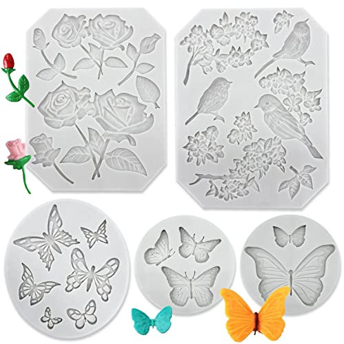 Paotxpum 5 Stück Rose Schmetterling Vogelform Silikon Backformen Silikon Form Schokolade Kuchenform, Süßigkeiten 3D Backform Kuchen Dekorieren DIY Werkzeuge Fondant Moulds für Dekorieren Eine Kuchen