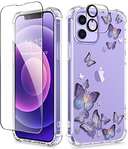 GVIEWIN Compatible with iPhone 12 Case/iPhone 12 Pro Case 6.1 Inch 2020, with Tempered Glass Screen Protector + Camera Lens Protector, Clear Flower Soft TPU Thin Shockproof Cover,Alluring Butterfly