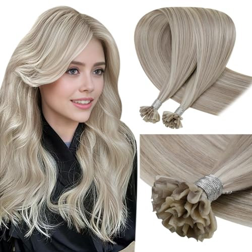 LaaVoo Extensions Echthaar Bondings Blond Highlight Echthaar Extensions mit Keratin Bondings Aschblond Gebleichtes Blond Bonding Extensions Echthaar U Tips Hot Fusion 1g/s 50g 35cm #18/613