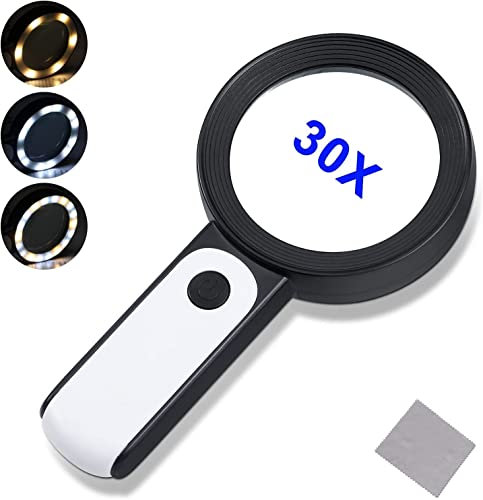 Loupe de Lecture avec 18 lumières LED, Double lentille en Verre avec grossissement 30 x, Loupe Grossissante à Main,Loupe Eclairante pour Lecture, Seniors, Malvoyant, Observation et Travaux Manuels