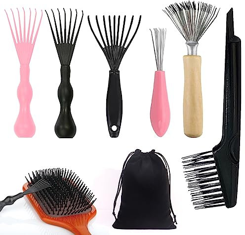 6 Stück Haarbürstenreiniger Metalldraht Rechen Haarbürsten Reiniger Kamm Bürstenreiniger Reinigungswerkzeug Set mit Nylon-Aufbewahrungstasche für Heim und Salongebrauch Entfernen von Haarstaub