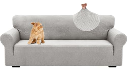 YSTELLAA Stretch Sofa Überzug 3 Sitzer, Sofaschoner rutschfest Mit Armlehne, Universal Jacquard Sofabezug, Dicke Sofabezug Für Hunde Katzen Und Haustiere, Waschbare Sofa Cover, Silber Grau