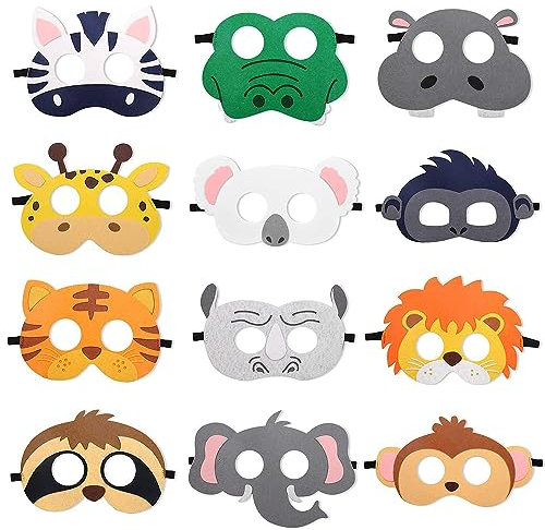 AOOTUERL 12 Stücke Kinder Filz Masken,Tiermasken aus Filz,Kinder Cosplay Masken, Cosplay Maske verkleiden für Halloween Party Maskerade Geburtstage Dschungel Thema Partyzubehör