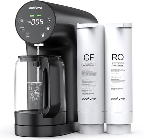 Ecoviva Countertop Reverse Osmosis System RO Water Filter, 4 Stage Filtration, Real-time TDS Monitor, 3:1 Pure to Drain, Zero-Installation Portable Water Purifier (WP-RO-200G Black), 4.3*12.1*12.1''