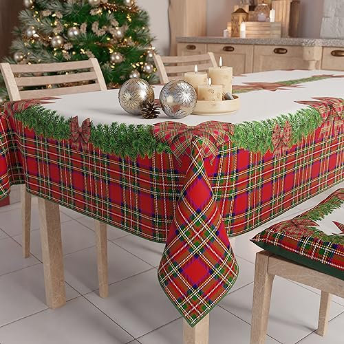 PETTI Artigiani Italiani - Tovaglia Natalizia Antimacchia Rettangolare Copritavolo Natalizio Cucina Disegno Fiocco Tartan X6 Posti (140x180 cm) 100% Made in Italy
