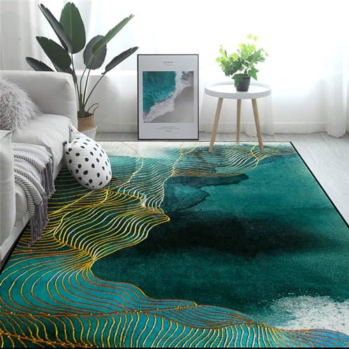 Teppiche, 120 x 180 cm, waschbarer Teppich, weicher Griff, rutschfeste Unterseite, waschbar, grüne abstrakte Tinten- und Goldlinien, für Wohnzimmer, Esszimmer, Schlafzimmer, Kinderzimmer, Flur, Küche.