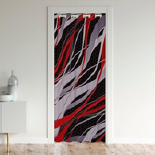 richhome Geometrische Streifen Tür Vorhang 86x203,Abstrakte Kunst Spirale Honeycomb Tür Blackout Vorhang, Rote Schwarze gewellte Linien Tür für Wohnzimmer