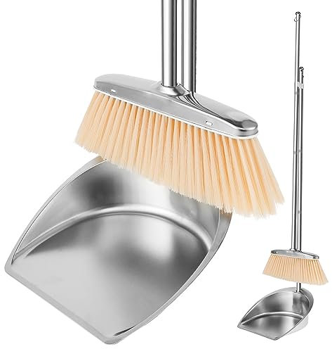 Metal Dustpan and Brush Sets Long Handle Broom and Dustpan Set Stainless Steel Upright Sweeper and Dustpan Set for Indoor Outdoor Home Office Dorm Pet Hair(round,B)