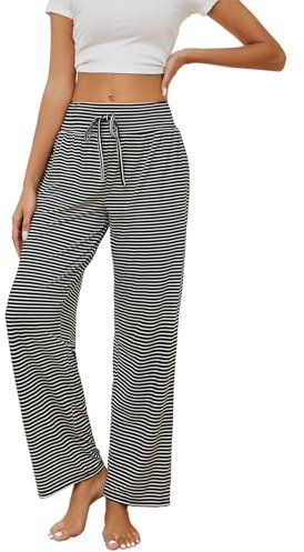 HAPYWER Schlafanzughose Damen Yogahose Lang Pyjamahose Weich Bequeme Lässig Weites Bein Straight Leg Freizeithose mit Taschen und Kordelzug für Frauen