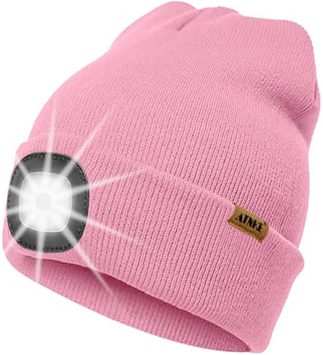 ATNKE LED Beleuchtete Mütze mit Licht,Wiederaufladbare USB 4 LED Beleuchtete Laufmütze Extrem Heller Lampe Winter Warme Stricken Mütze Technik Geschenke für Herren und Damen/Pink