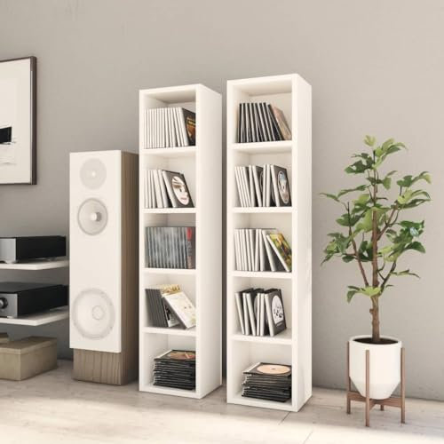 prissent Scaffali Porta CD 2 pz Bianchi 21x16x93,5 cm Legno Multistrato Mobili Soggiorno Mobile Porta CD Libreria Legno Libreria Stretta e Alta Scaffale Alto e Stretto Mobile Alto e Stretto