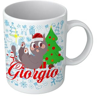 Puzzletee Tazza Gattino Nome Personalizzato Simpatico Animale sotto Albero Natale con Nome Personalizzabile