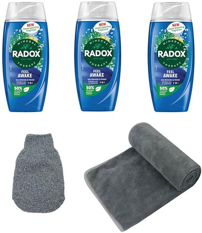 Radox Shower Bundle - 3 x Radox Mineral Therapy Feel Awake 2-in-1 Shower Gel & shampoo bundled with 1 x Exfoliating Bath Glove and 1 x Gym Towel