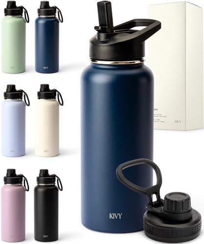 KIVY Edelstahl Trinkflasche mit Strohhalm 1l inkl. 2 Deckel - Getränke 24h Kalt | 18 Heiß - Sport Trinkflasche 1 liter - Thermosflasche mit Strohhalm - Water bottle with straw - Gym Bottle