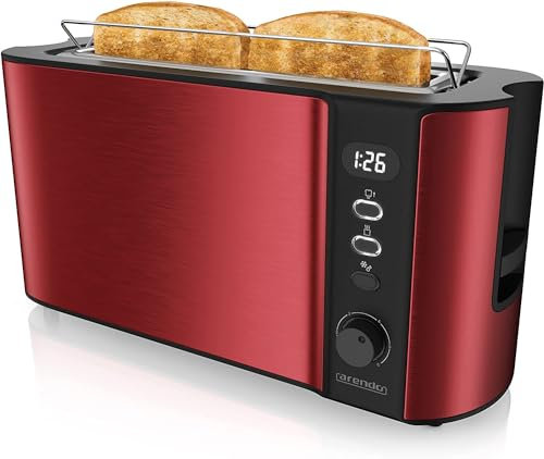 Arendo - Tostapane a fessura lunga 2 fette - Funzione scongelamento - 1000 W - Doppia parete - Accessorio scalda cornetto - Grado di doratura 1-6 - Display con indicatore del tempo rimanent - Rosso